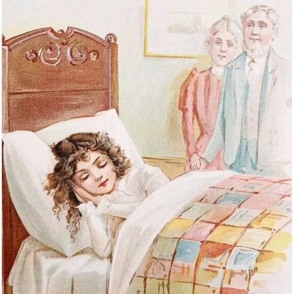 1898 Victorian Lithograph Beautiful Girl Sleeping With Parents Watching DWMM4 - Picture 1 of 2